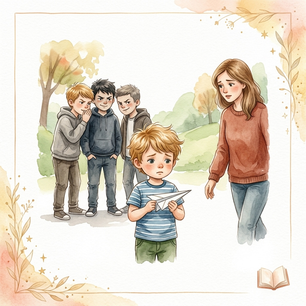 A worried mother reaching toward her small son while older kids whisper and sneer behind him