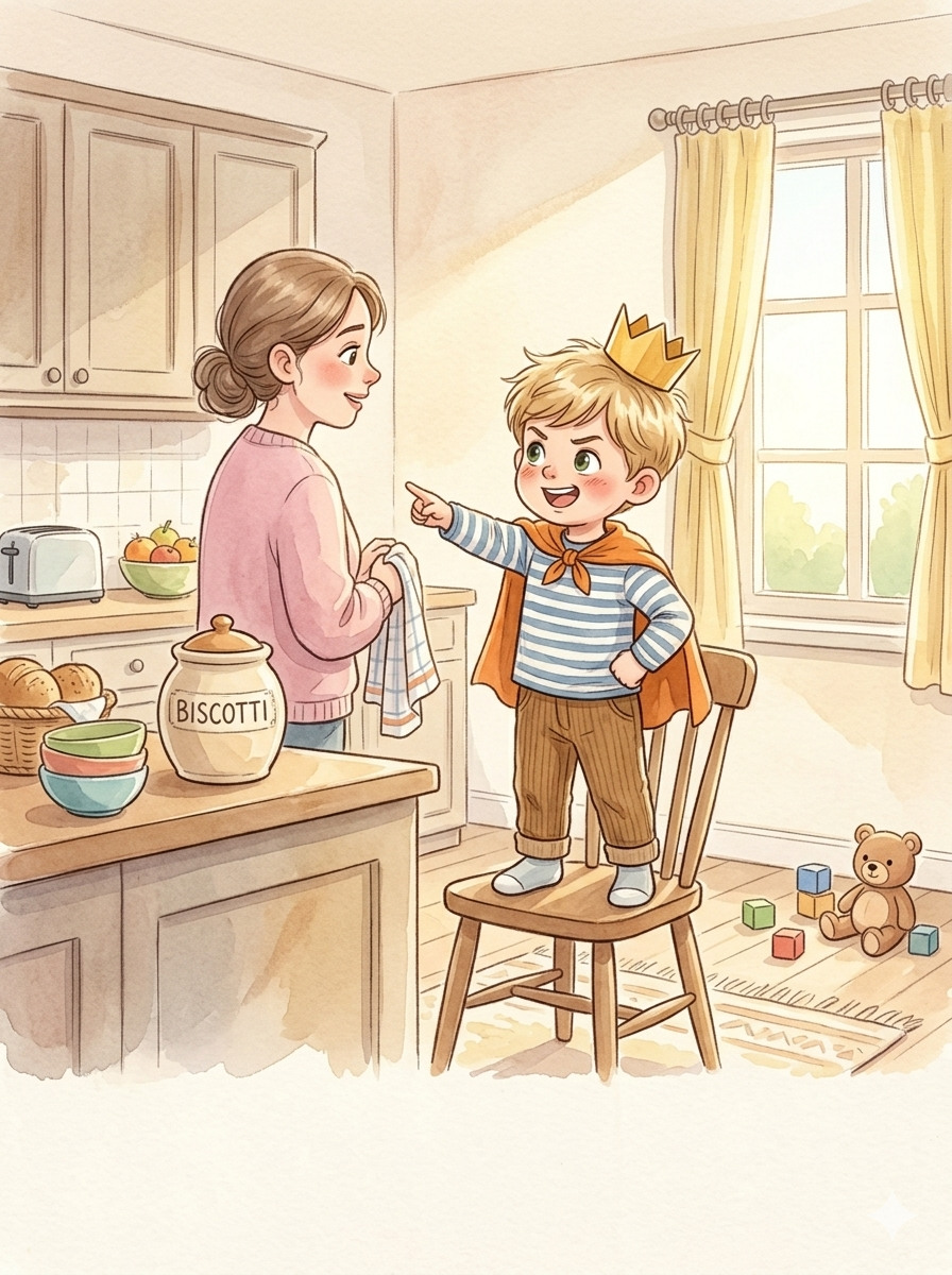 A small boy in a paper crown and cape standing on a kitchen chair, pointing and demanding, while his mother listens